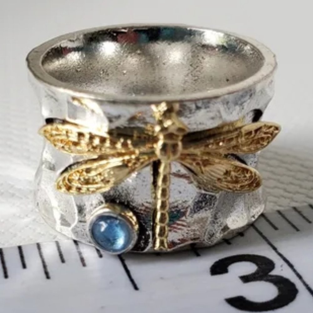 [NEW] Dragonfly Finger Cuff Wide Cocktail Statement Copper Silver, Blue Crystal